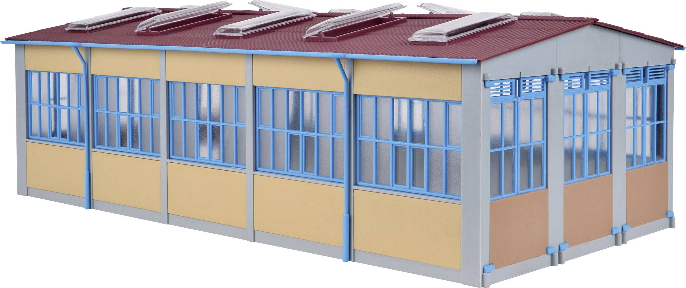 Ein Modell eines rechteckigen Industriegebäudes mit rotem Dach und blauen Fenstern. Ideal für Modelleisenbahnen und Miniaturwelten.