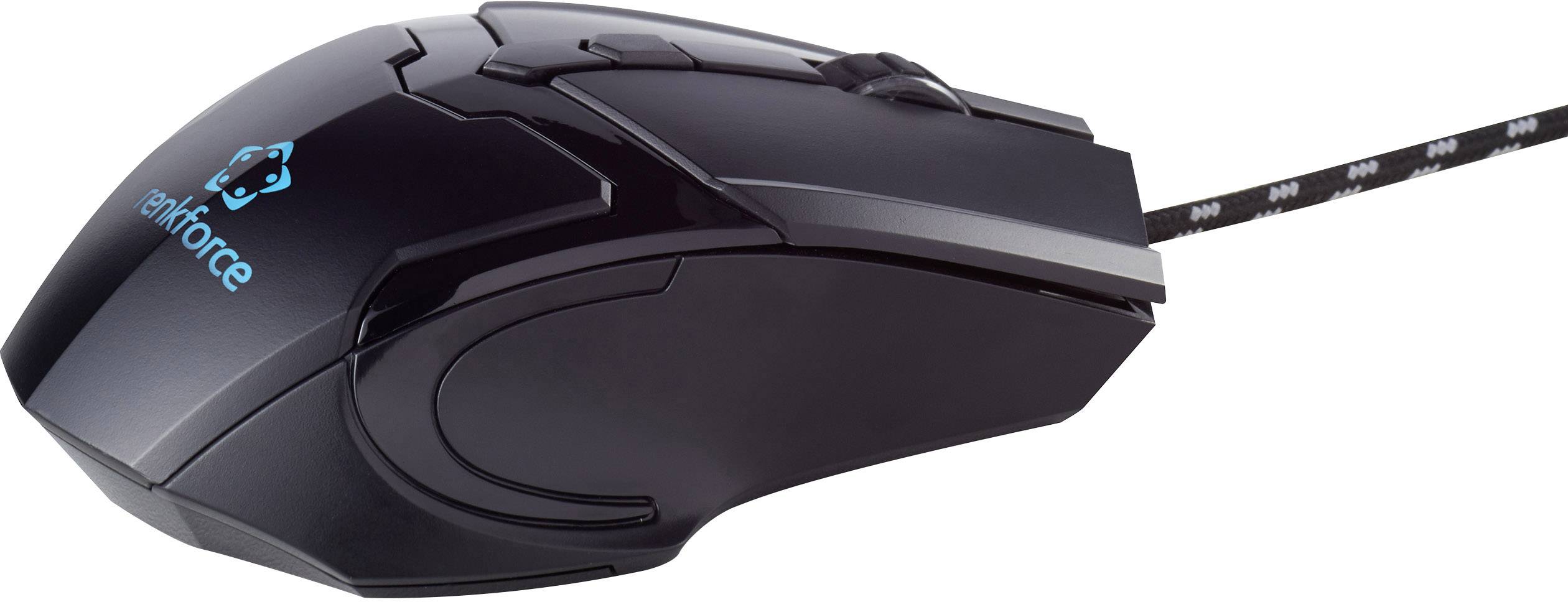 Schwarze Gaming-Maus mit Kabel, Logo auf der Oberseite. Robustes Design, ergonomische Form für komfortable Handhabung.