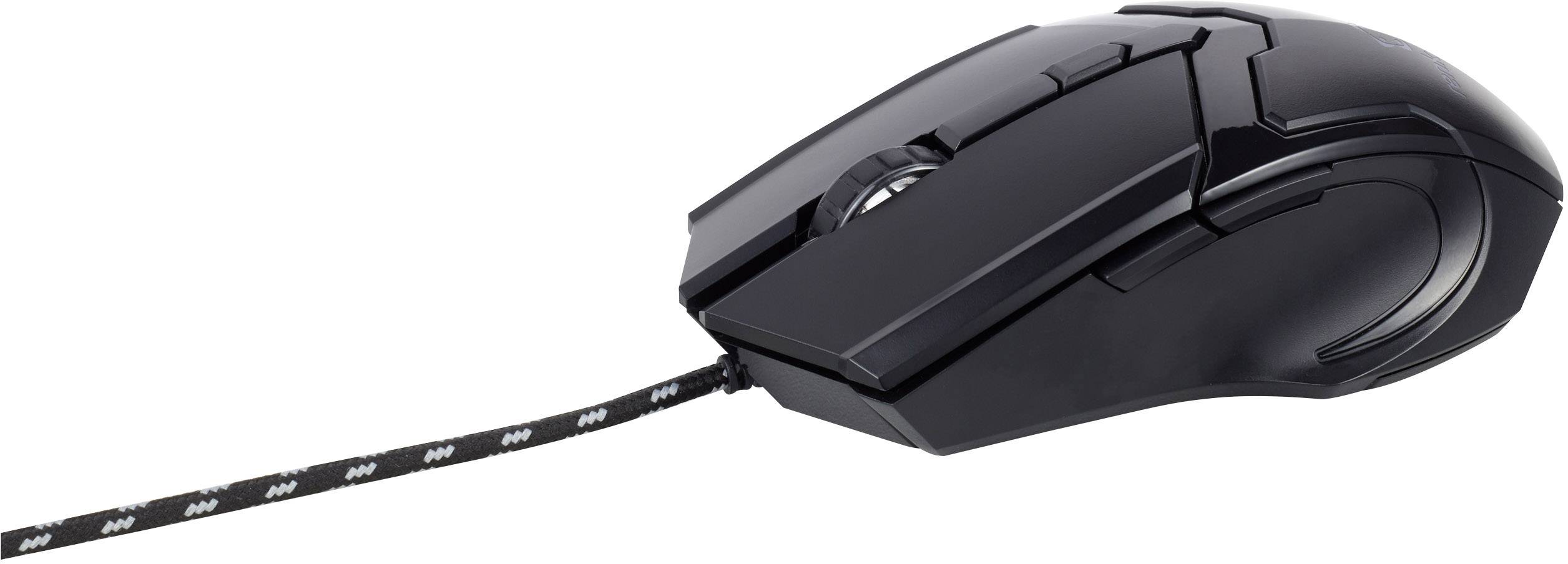 Schwarze kabelgebundene Computermaus mit mehreren Tasten, seitlicher ergonomischer Form und strukturierter Oberfläche.