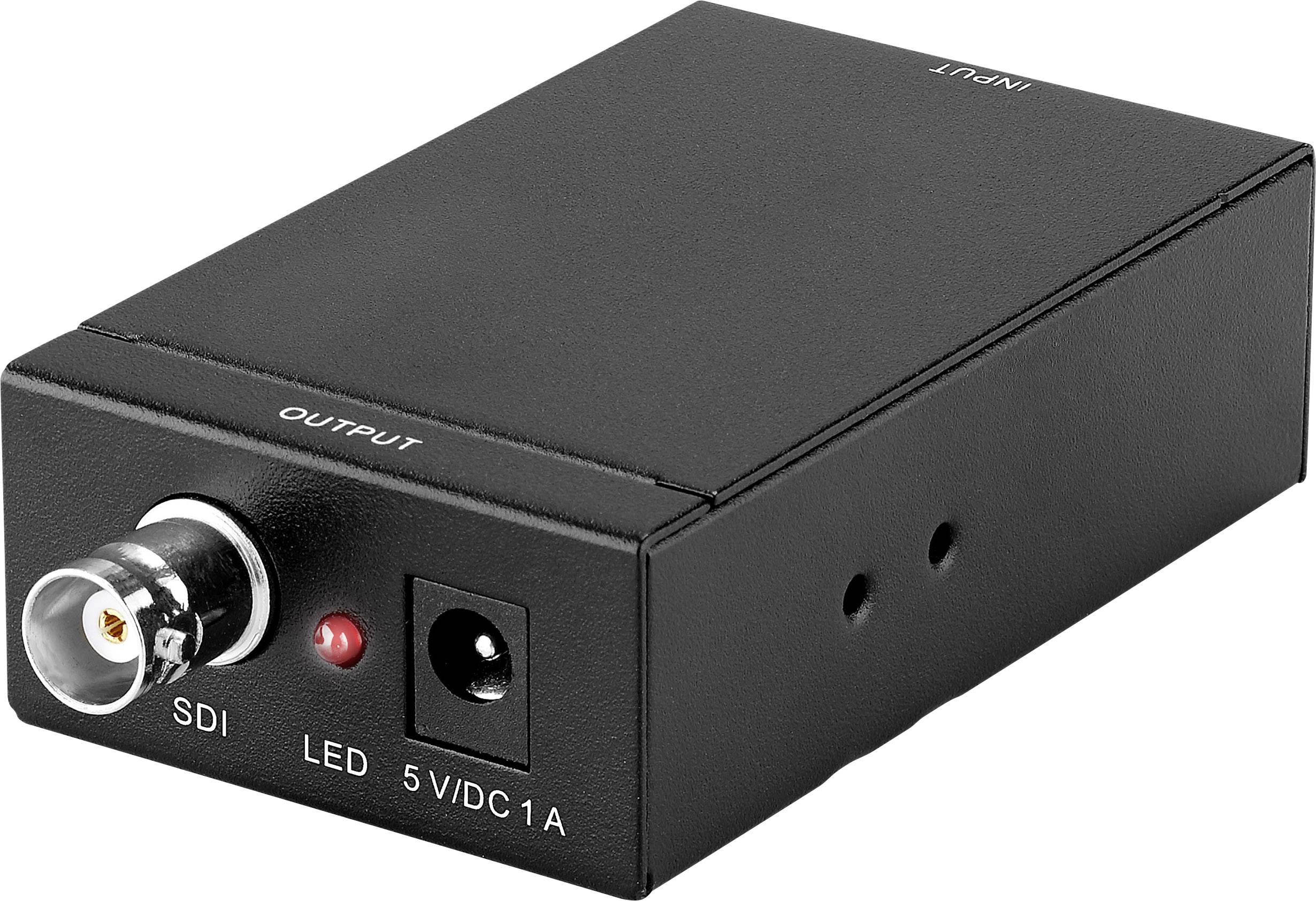 Kompakter SDI-zu-HDMI-Konverter in schwarzem Gehäuse, mit SDI-Eingang und LED-Anzeige.
