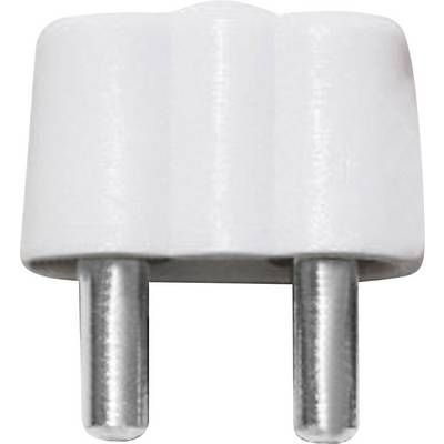 Ein weißer, zweipoliger Eurostecker mit runden Metallstiften, typisch für europäische Steckdosen.