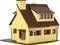 Gelbes Modellhaus mit braunem Dach und Fenstersimsen, drei Dachfenstern und einem Schornstein; repräsentiert ein Einfamilienhaus.
