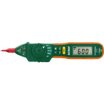 Multimeter mit grün-orange Gehäuse, roter Messspitze und digitaler Anzeige, die '600' zeigt. Verwaltet Spannungsmessungen.