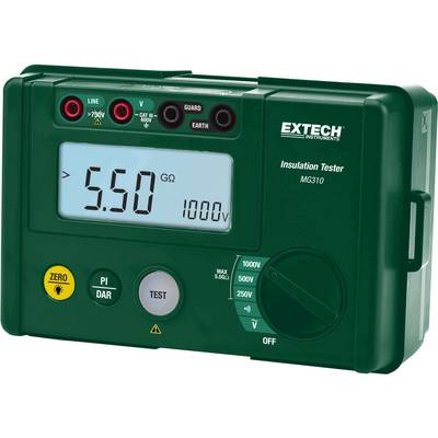 'Extech Isolationsprüfgerät MG310 mit digitalem Display zeigt 5,50 GΩ bei 1000V. Bedienknöpfe für verschiedene Funktionen.'