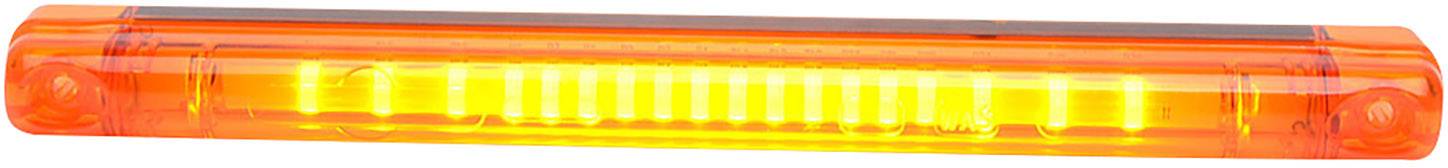 Das Bild zeigt ein orangefarbenes, rechteckiges LED-Licht in leuchtendem Gelb, vermutlich als Warnlicht verwendet.