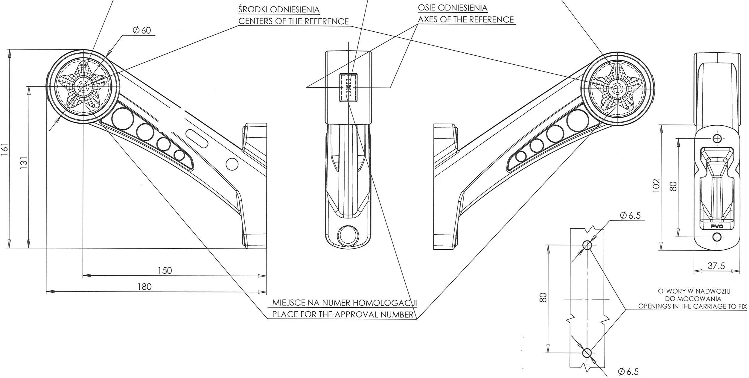 Technische Zeichnung eines mechanischen Teils mit mehreren Ansichten und Maßen. Beschriftungen und Maßangaben zeigen Details der Konstruktion.