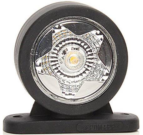 Ein rundes LED-Licht in einem schwarzen Gehäuse zeigt ein sternförmiges Muster im Inneren der Linse. Es steht auf einer flachen Basis.