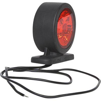 Runde, rote LED-Rückleuchte mit schwarzem Gehäuse und Kabel, verwendet zur Sichtbarkeit bei Dunkelheit, häufig an Fahrzeugen angebracht.