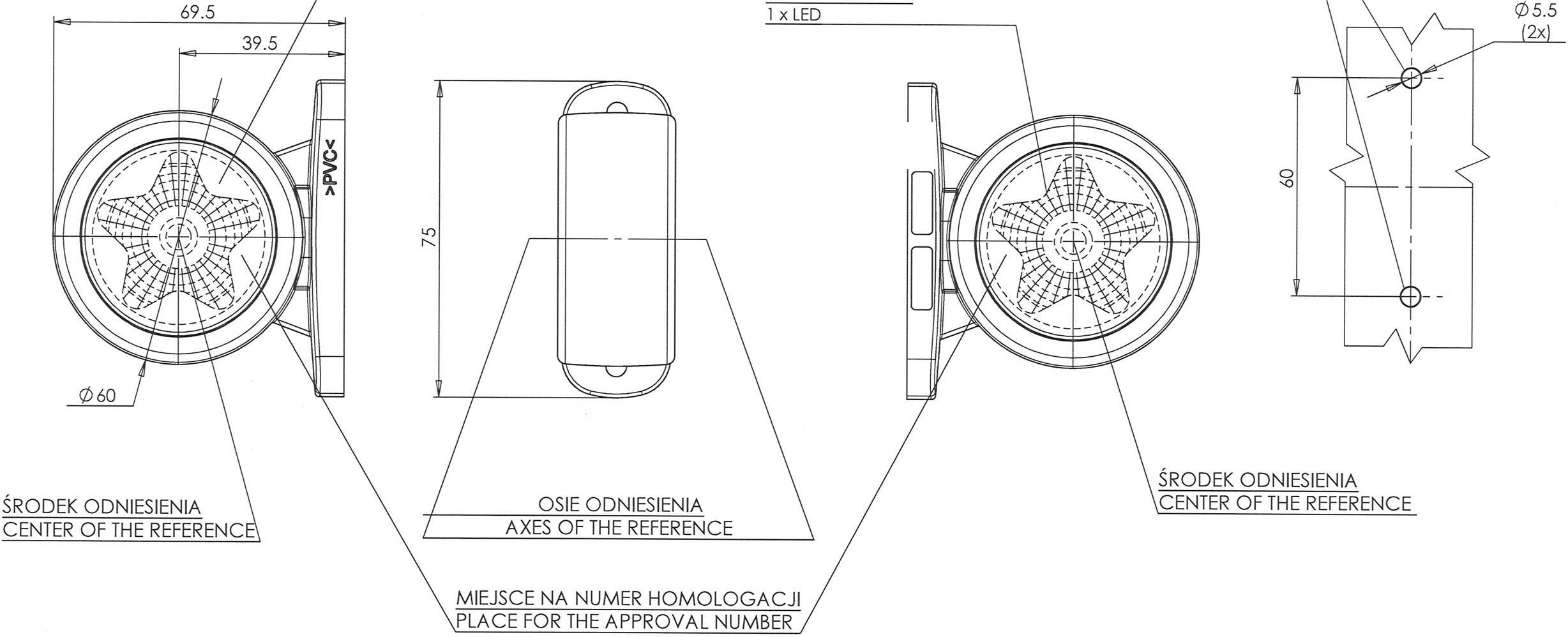 Technische Zeichnung eines runden Objekts mit Maßangaben. Zeigt Ansichten von vorne, oben und seitlich mit Achsenkennzeichnung und Hinweisen.