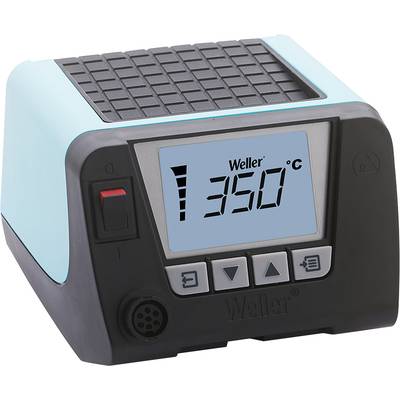 Elektronische Lötstation mit Display zeigt Temperatur '350°C', quadratisches Design, blaue Seiten. Wippschalter, Tasten und Anschluss sichtbar.