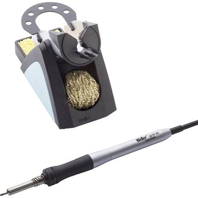 Lötkolbenhalter mit Reinigungsschwamm und Lötkolben der Marke Weller. Der Halter hat eine metallische Spiralbürste zur Reinigung.