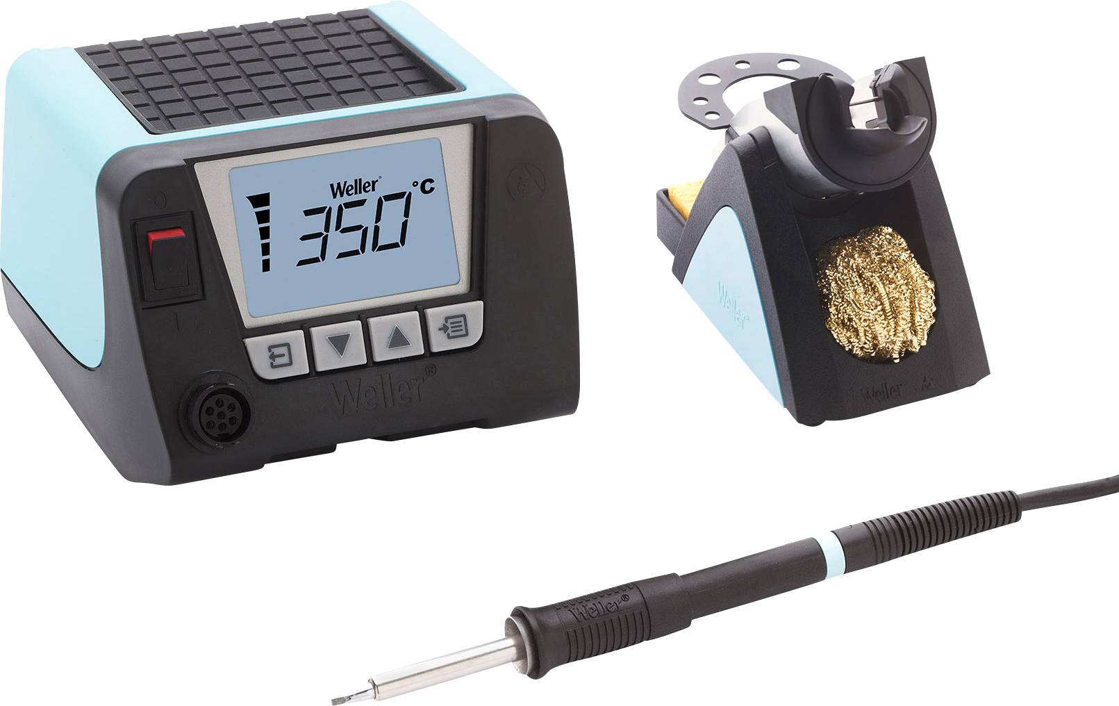 Lötstation mit digitalem Display zeigt '350°C'. Lötspitze und Halterung mit Reinigungsschwamm vorhanden.