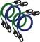 Zwei grüne und zwei blaue Bungee-Seile mit schwarzen Haken. Sie sind spiralförmig geformt und für diverses Befestigen geeignet.