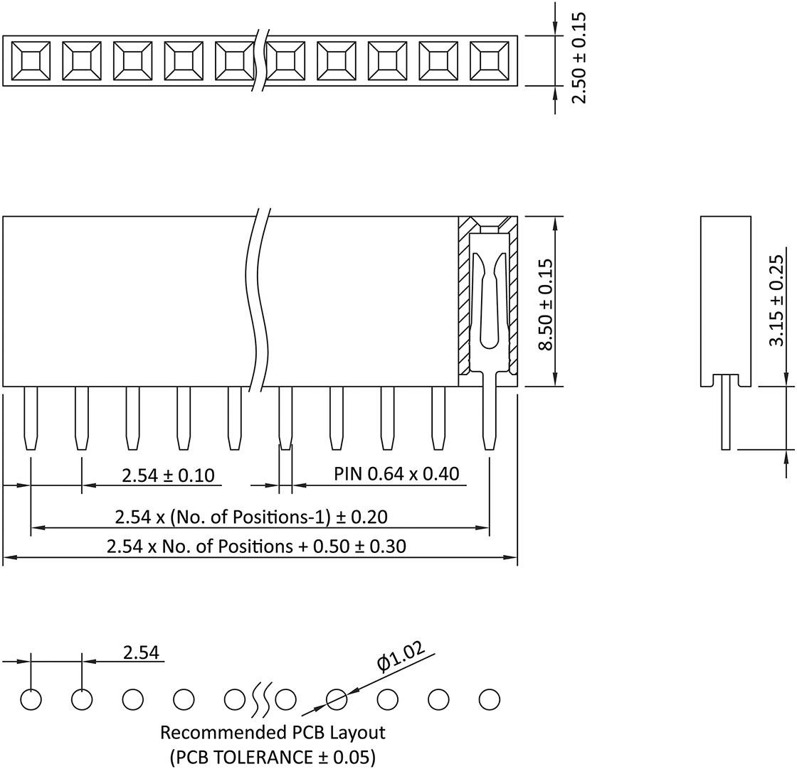 'Technische Zeichnung eines Steckverbinders mit Maßen: Breite 8,50 mm, Höhe 3,15 mm, Pin-Abstand 2,54 mm. Empfohlenes PCB-Layout gezeigt.'