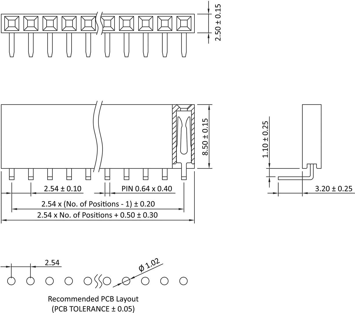 Elektrisches Steckverbinder-Diagramm mit Abmessungen: 2,54 mm Positionen, PIN 0,64 x 0,40 mm. Empfohlenes PCB-Layout unten.