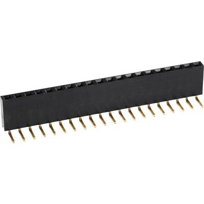 Eine schwarze Steckverbinderleiste mit 20 goldenen Pins, die zur Verbindung elektronischer Bauteile dient.