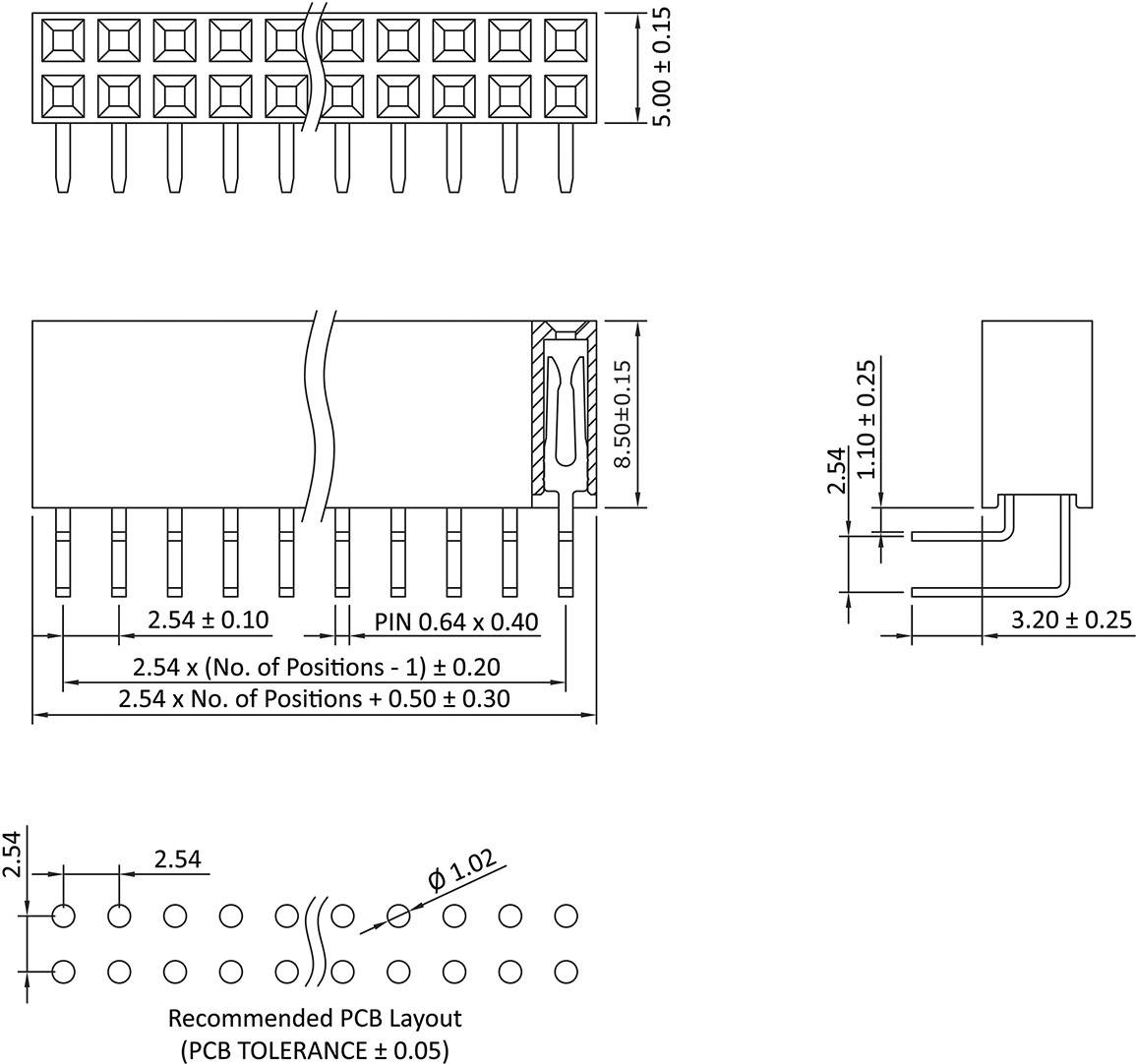 'Abmessungen eines Steckers: Oben, Front- und Seitenansicht. Empfohlenes PCB-Layout zeigt Pin-Abstimmungen und -Durchmesser.'