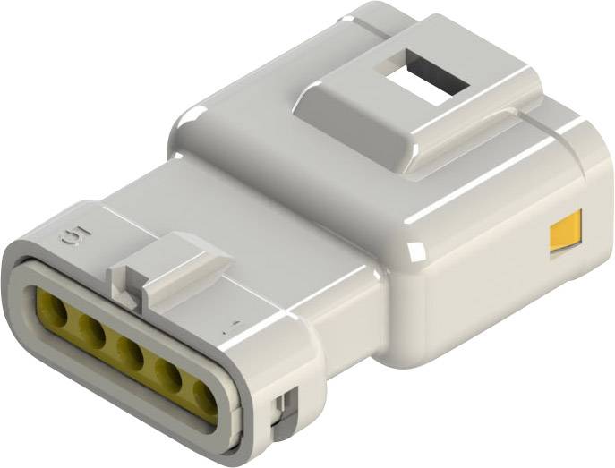 Ein grauer, sechspoliger Steckverbinder mit rechteckiger Form und gelben Kontakten, geeignet für elektrische Verbindungen.