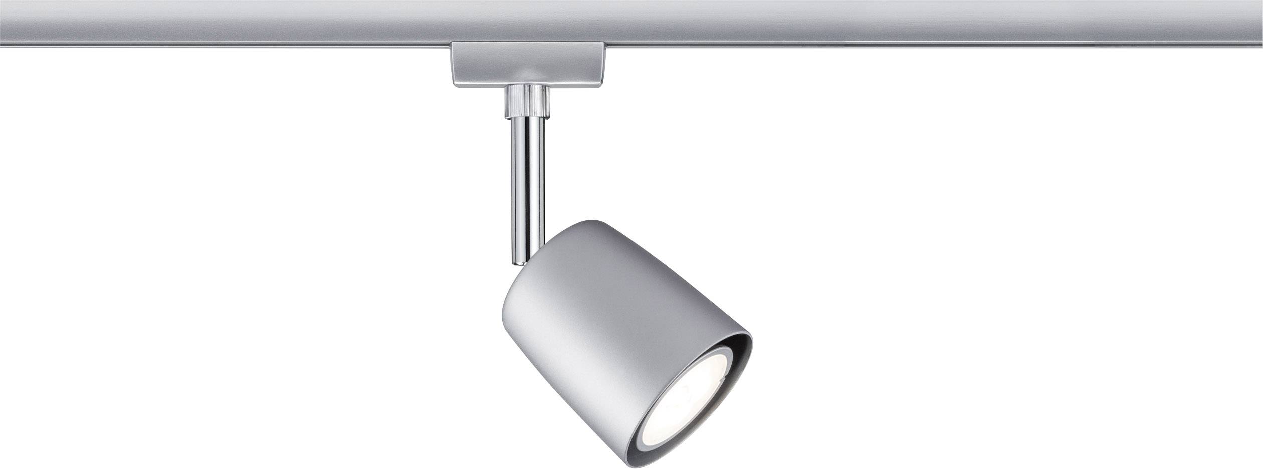 Ein einzelner, moderner LED-Strahler in silberner Farbe ist an einer Schiene angebracht, zeigt ein minimalistisches Design.