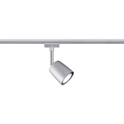 Ein einzelner, moderner LED-Strahler in silberner Farbe ist an einer Schiene angebracht, zeigt ein minimalistisches Design.