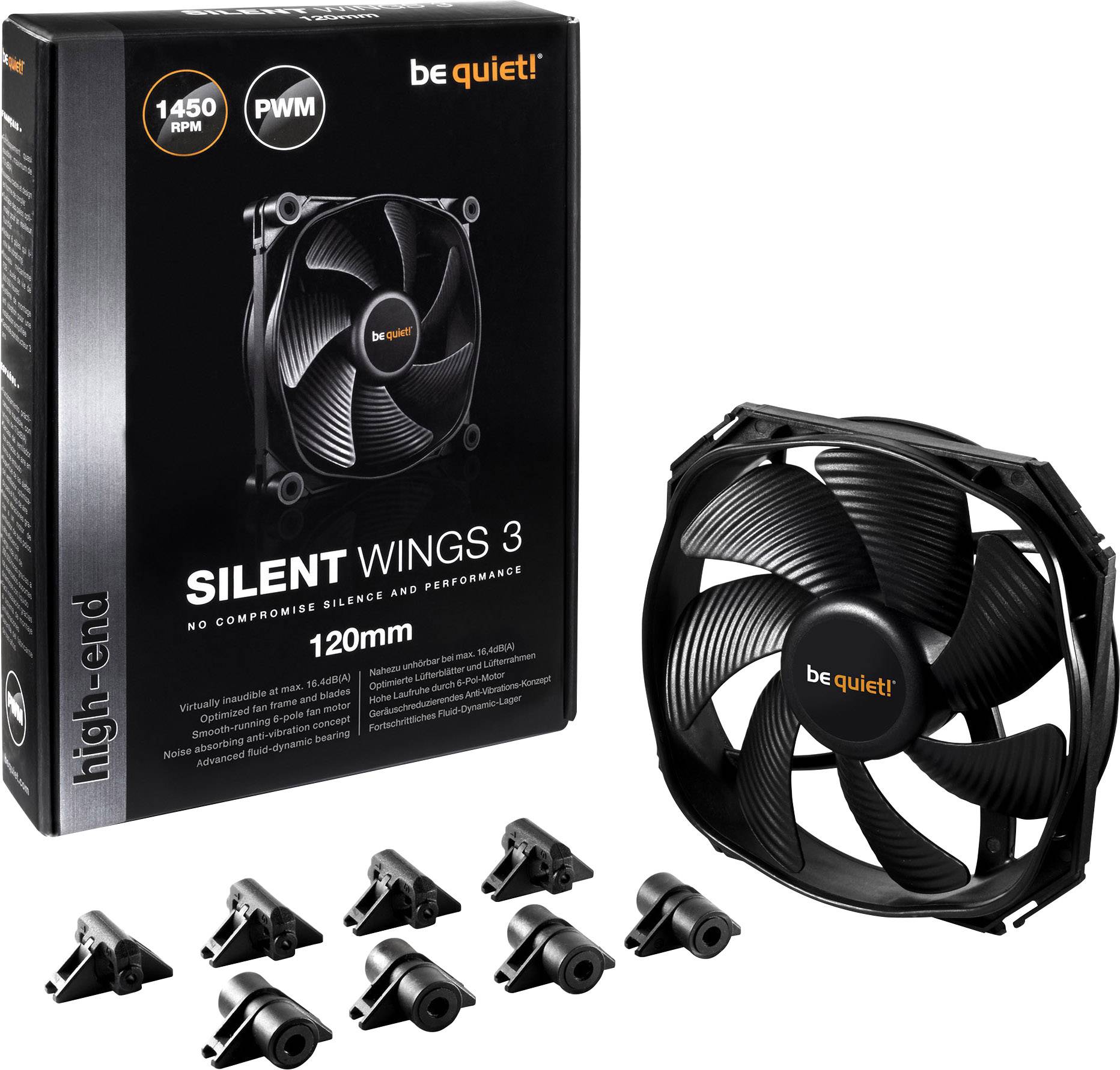 'Be quiet!' Silent Wings 3 Computerlüfter 120mm, 1450 RPM, auf Verpackung und daneben der entpackte Lüfter mit Zubehör.