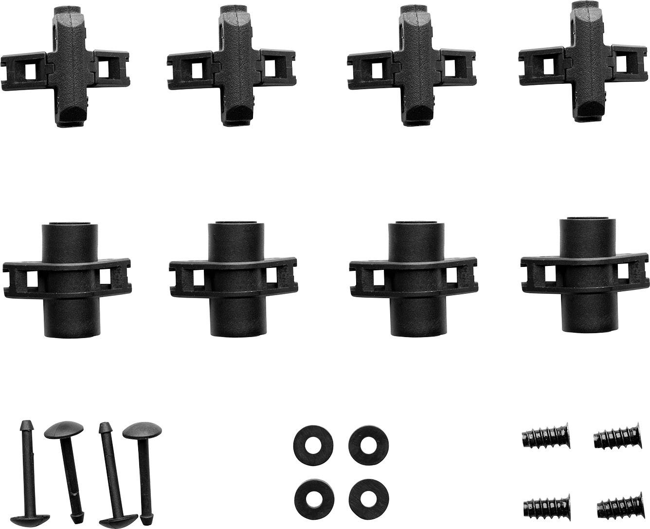 Schwarze Montageelemente, darunter Clips, Ringe, Schrauben und Gummidichtungen, angeordnet in Reihen für ein Montagesystem.