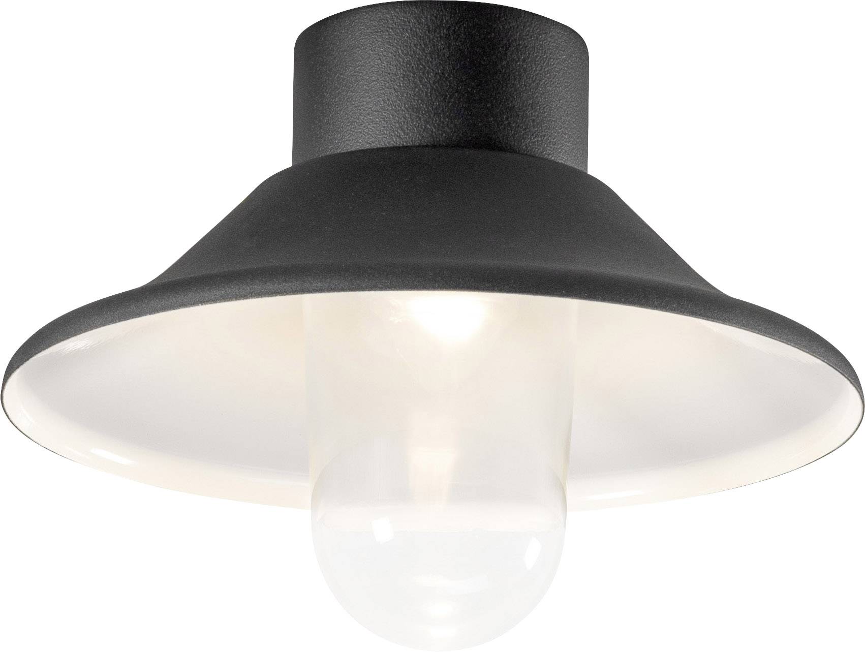 Eine moderne Deckenlampe mit schwarzem Schirm und sichtbarer Glühbirne. Sie strahlt ein warmes, weißes Licht aus.