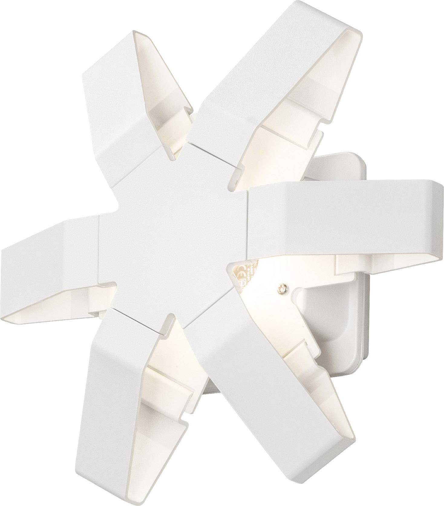 Weiße, sternförmige Wandleuchte mit sechs gleichmäßigen Armen, die sanftes Licht nach außen strahlt. Modernes Design für Innenräume.