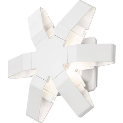 Weiße, sternförmige Wandleuchte mit sechs gleichmäßigen Armen, die sanftes Licht nach außen strahlt. Modernes Design für Innenräume.