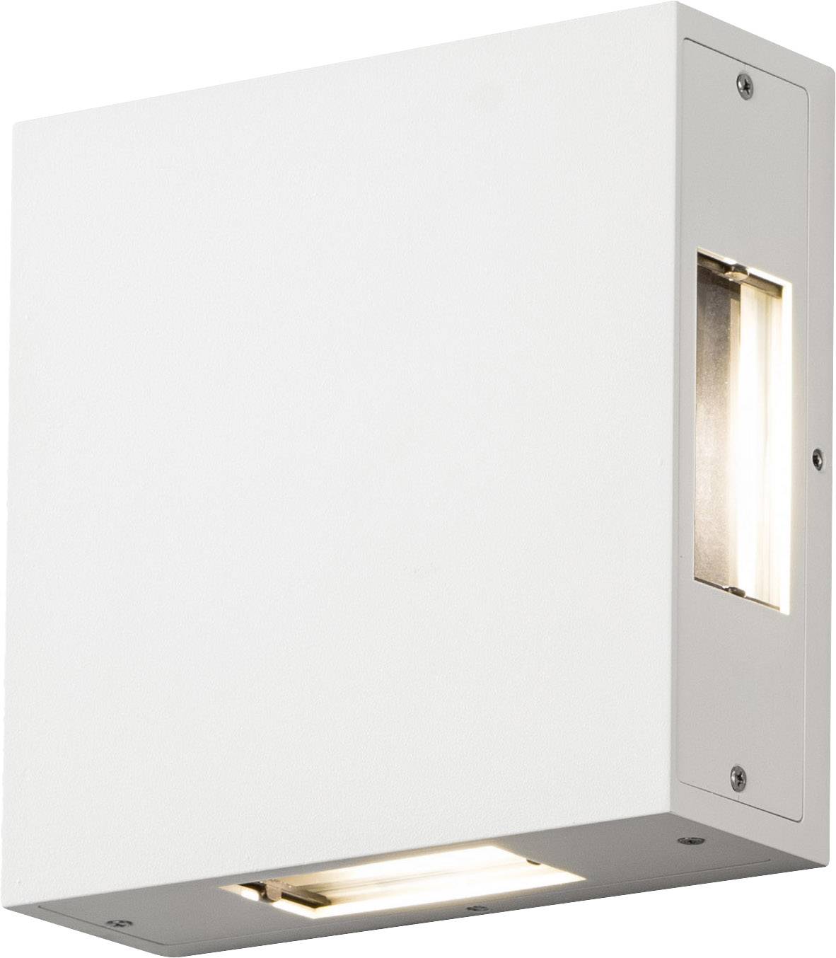 Weiße, quadratische Wandleuchte mit zwei Lichtöffnungen oben und unten, die warmes Licht an die Wand abstrahlt.