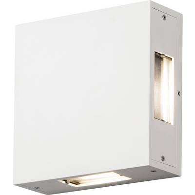 Weiße, quadratische Wandleuchte mit zwei Lichtöffnungen oben und unten, die warmes Licht an die Wand abstrahlt.