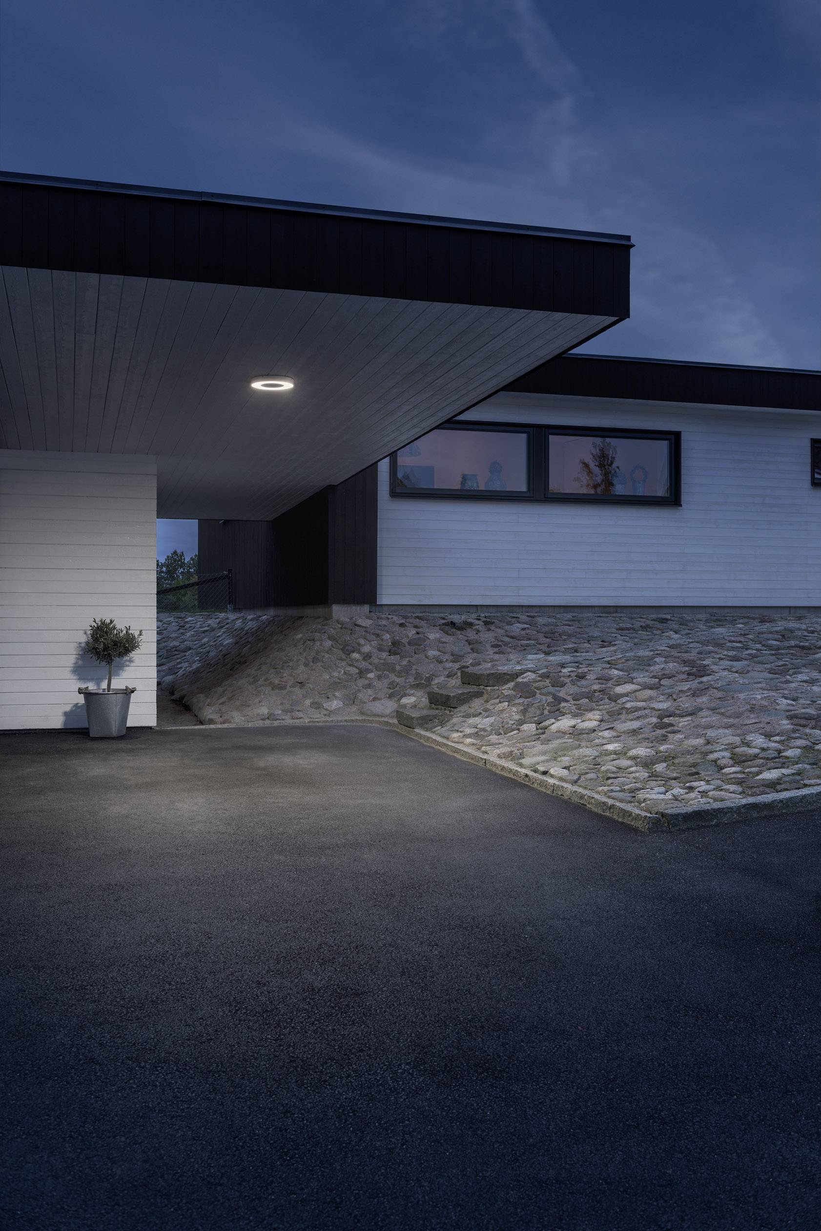 Moderne, weiße Fassade eines Hauses bei Dämmerung, beleuchtet von einer Lampe, gepflasterter Vorplatz, Topfpflanze links.