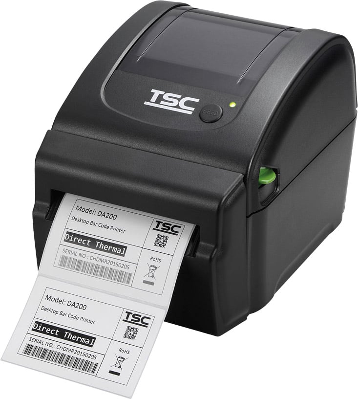 Ein kompakter Etikettendrucker druckt zwei Etiketten mit der Aufschrift 'Model: DA200' und 'Direct Thermal'.