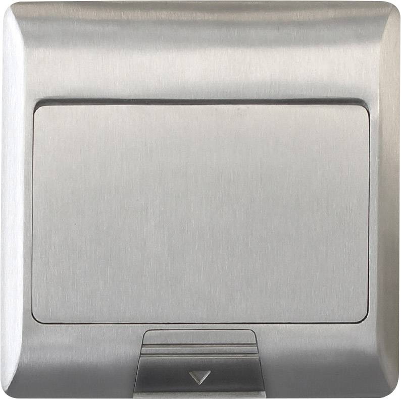 Metallene Abdeckung eines elektrischen Gerätes, vermutlich ein Steckdosenschutz in rechteckiger Form mit abgerundeten Kanten.