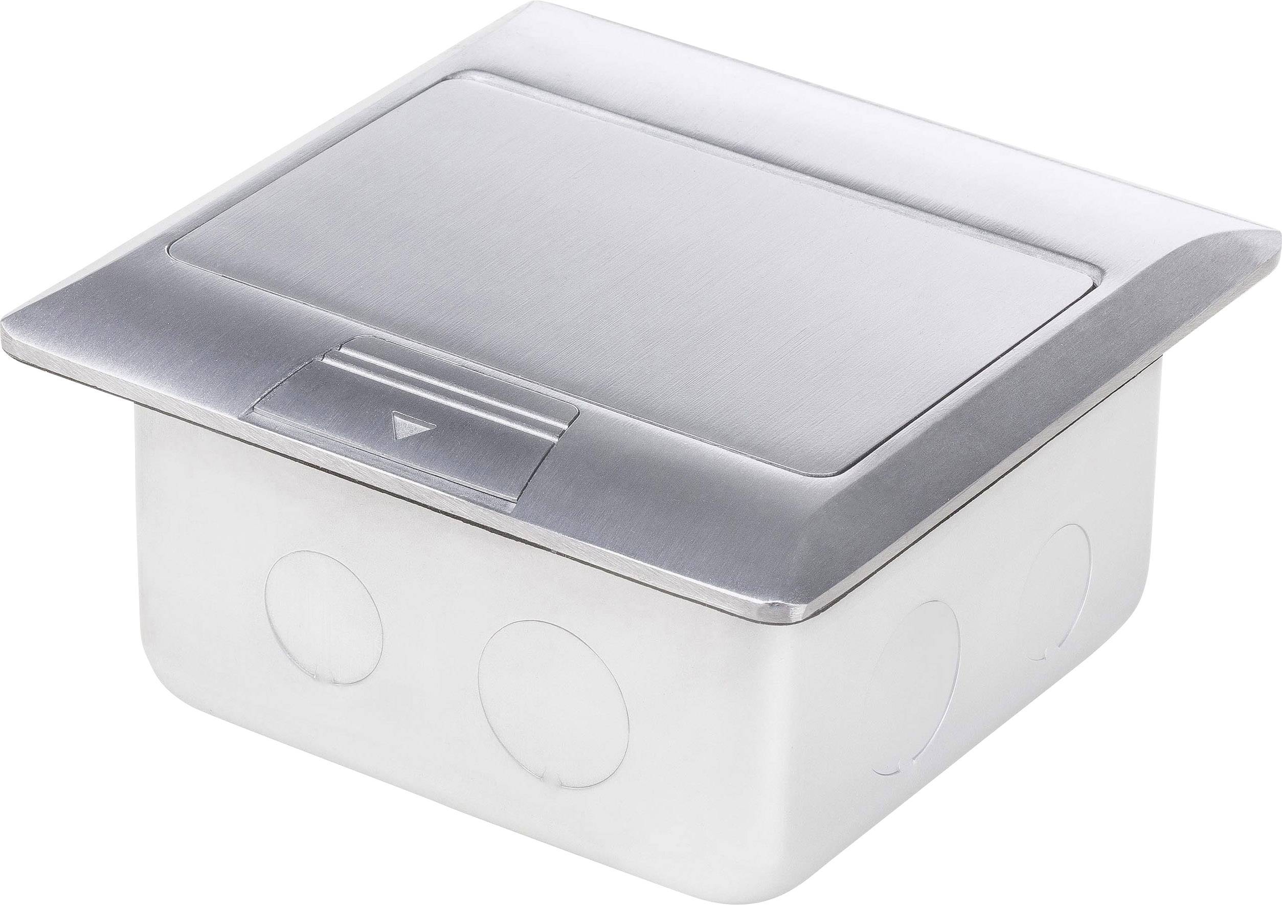 Ein quadratischer, eingelassener Edelstahl-Bodensteckdosenkasten mit einem aufklappbaren Deckel für den Zugang zu Anschlüssen.