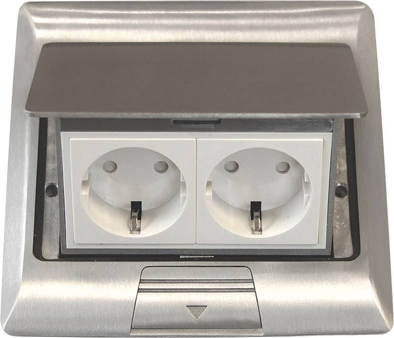 Doppelte Steckdosenleiste in einem klappbaren Metallgehäuse, geeignet für den Einbau in Böden oder Tische.