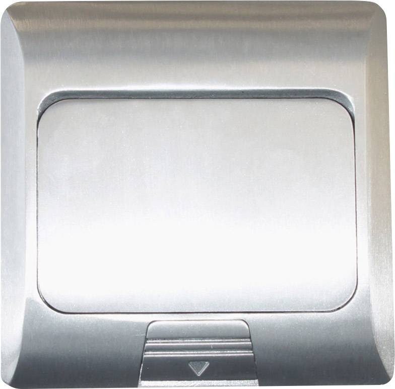 Ein silberner Lichtschalter in einem rechteckigen Rahmen, leicht gebürstetes Metall, mittig platziert, glänzende Oberfläche.