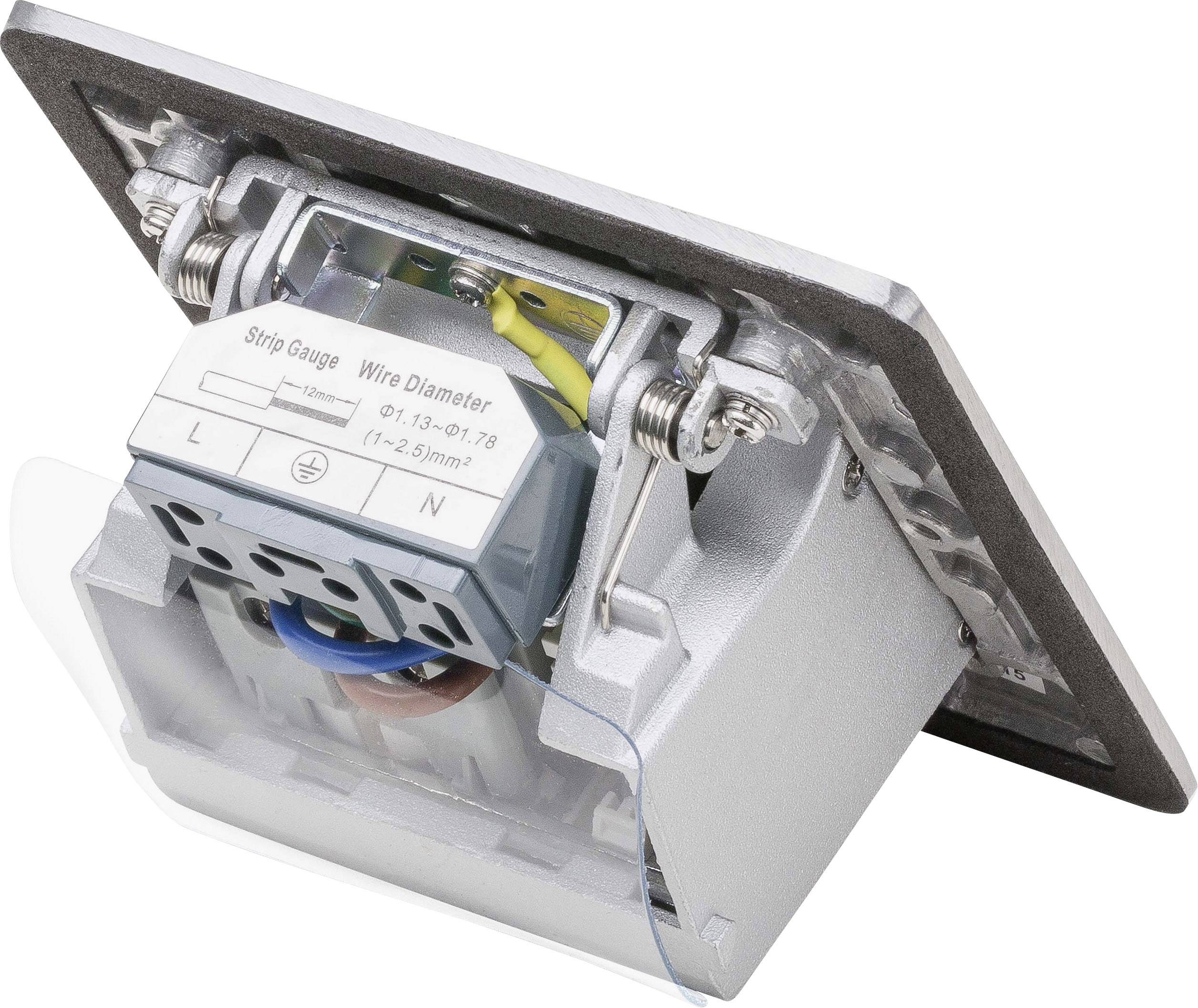 Ein elektrisches Wandanschlussmodul mit sichtbaren Kontaktelementen und Kabelanschlüssen. Adapter für die Netzstromversorgung.