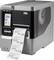 Thermodrucker druckt mehrere Etiketten mit Text und Barcodes. Bildschirm zeigt Firmenlogo 'TSC' und Druckoptionen.