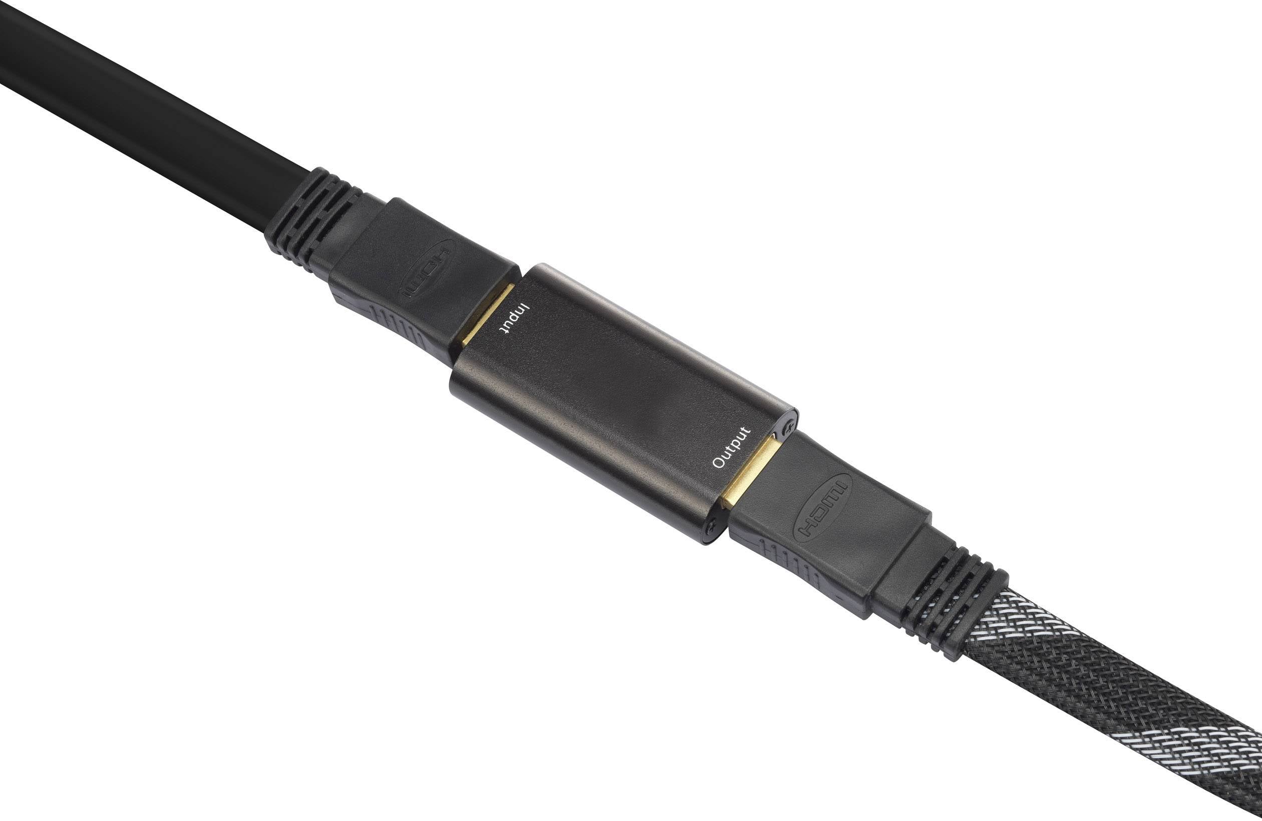 Ein HDMI-Kabel mit einer goldfarbenen Steckerverbindung, das zwei schwarze Kabelstücke miteinander verbindet. Geeignet für audiovisuelle Verbindungen.