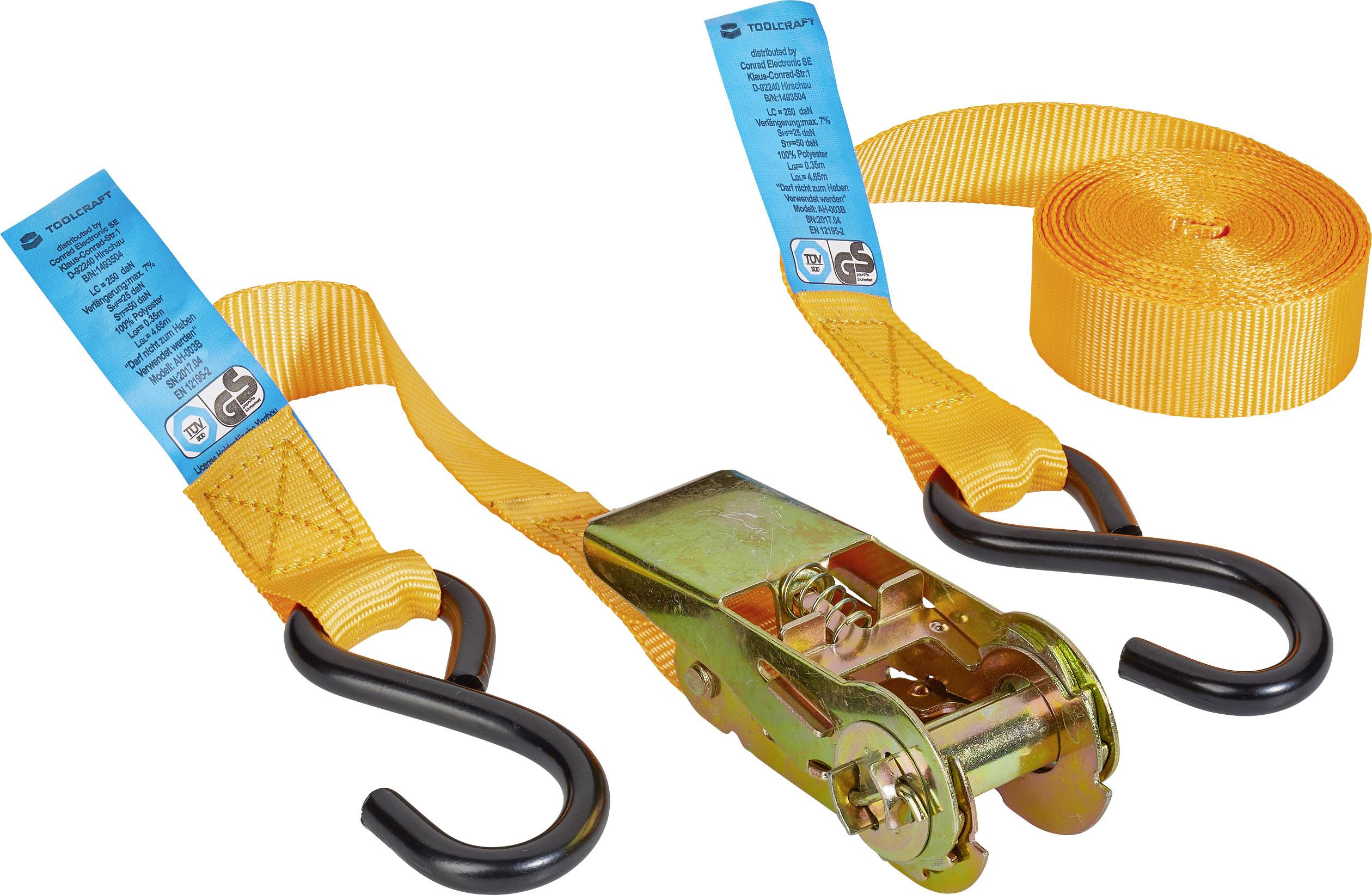 Ratschen-Zurrgurt in Orange mit zwei schwarzen Haken und Etiketten. Der Gurt dient zur Sicherung von Lasten beim Transport.