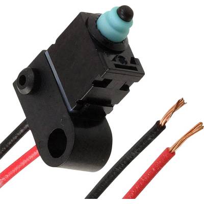 Kleiner Endschalter mit blauer Kappe und zwei offenen Kabeln in Rot und Schwarz, verwendet zur Steuerung elektrischer Geräte.