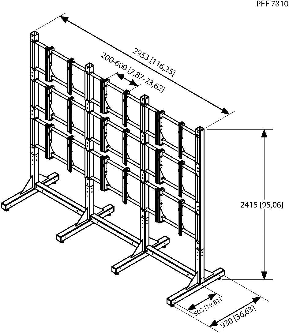 'Ein Metallgestell mit mehreren Querträgern, Maße: Höhe 2415 mm, Breite 2953 mm, Tiefe 930 mm. Abstand zwischen Querträgern: 200-600 mm.'