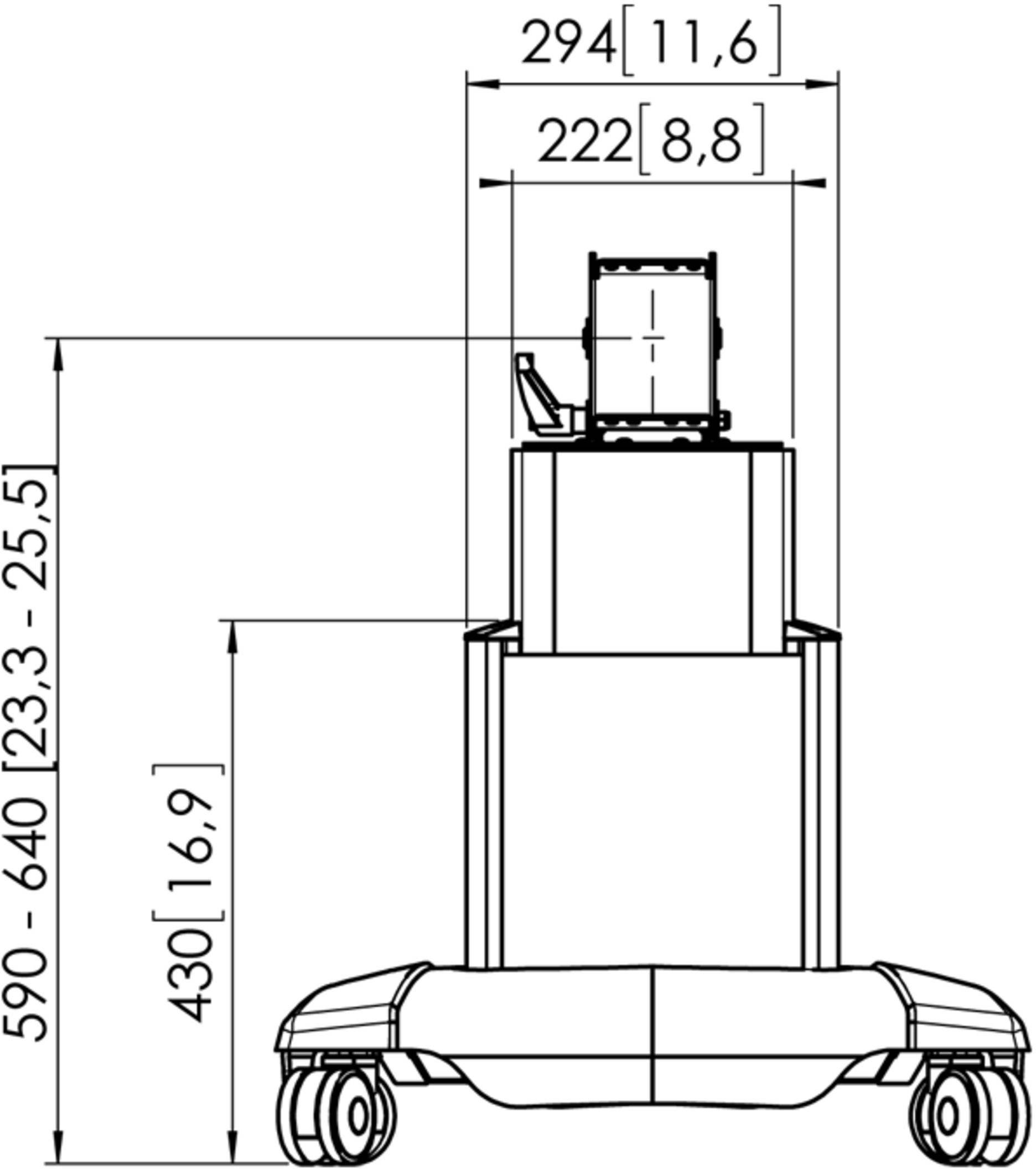 Technische Zeichnung eines Geräts mit Maßen in Millimetern. Höhenmaß 590-640 mm, Breite oben 294 mm, Breite an anderer Stelle 222 mm.