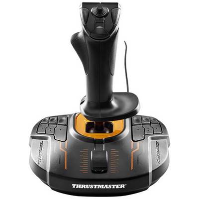 'Joystick mit mehreren Tasten, Griff und Kabel, geeignet für Flug- oder Simulationsspiele. Markenname auf der Basis sichtbar.'