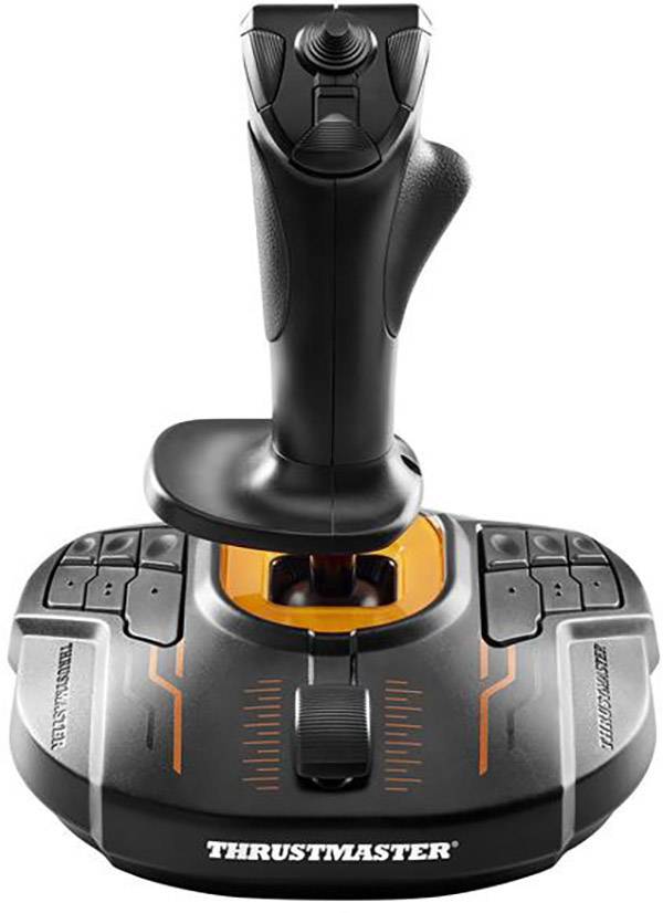 Ein Joystick mit ergonomischem Griffdesign, mehreren Tasten auf der Basis und einem Schubregler, geeignet für Flugsimulatoren.