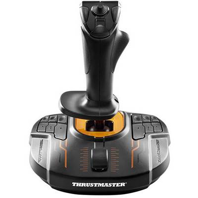 Ein Joystick mit ergonomischem Griffdesign, mehreren Tasten auf der Basis und einem Schubregler, geeignet für Flugsimulatoren.