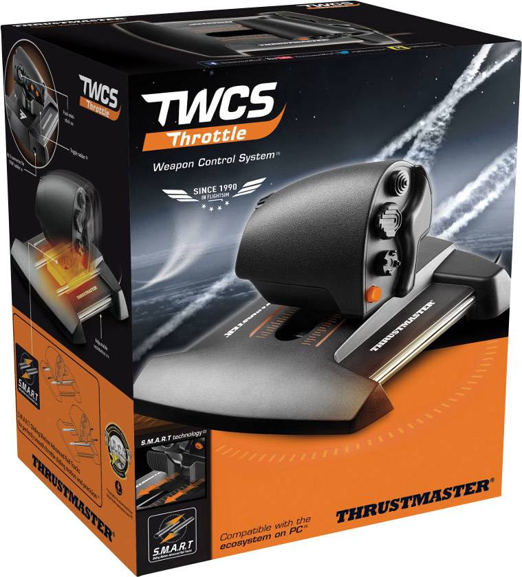 Schwarzer Schubregler in einer orangefarbenen Verpackung mit der Aufschrift 'TWCS Throttle'. Geeignet für PC und Teil des Thrustmaster-Systems.