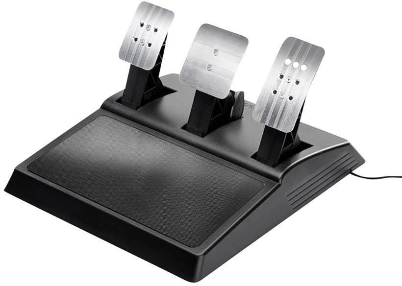 Ein Set von drei Metallpedalen auf einer Plattform, typischerweise verwendet für Rennsimulationen oder als Computerspieleingabegerät.