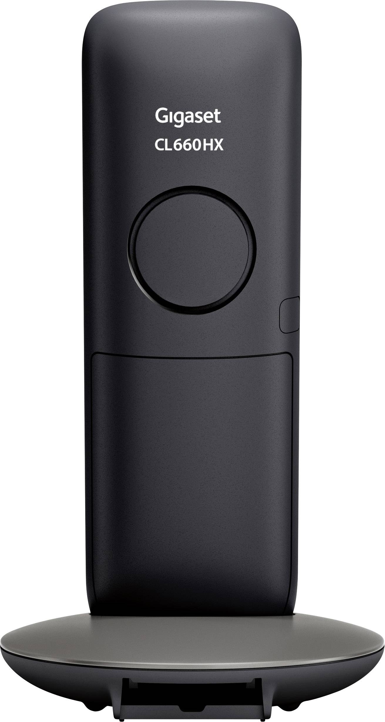 Ein schnurloses Telefon Gigaset CL660HX in Schwarz steht auf einer Ladestation.